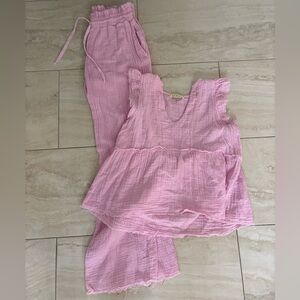 STARKx Light Pink Ruffle Top Flare Pant Gauze Set
